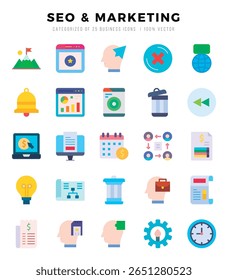 Ícone de tipos de SEO e MARKETING vetoriais definido em ilustração de vetor estilo plano.