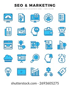 Vector de SEO y tipos de marketing conjunto de iconos en estilo de dos colores. Ilustración vectorial.