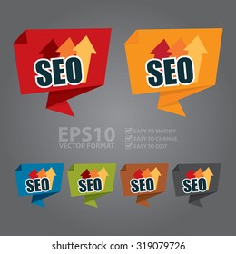 Vector : SEO With Rising Arrow Paper Origami Speech Bubble or Speech Balloon Infographics Sticker, Label, Sign or Icon