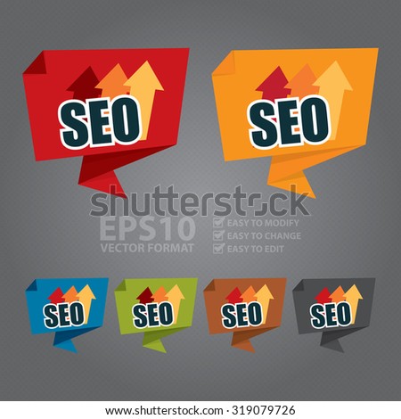 Vector : SEO With Rising Arrow Paper Origami Speech Bubble or Speech Balloon Infographics Sticker, Label, Sign or Icon