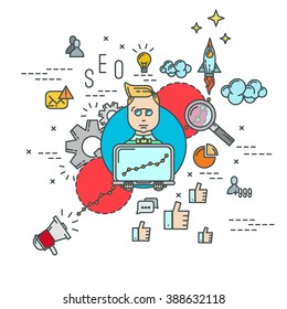 Vector SEO specialist . Outline flat icons set . Seo concept illustration . Seo infographic .
Man with laptop .search engine optimization