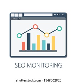 Vector seo and web development with " seo monitoring " web data analysis - business monitoring concept