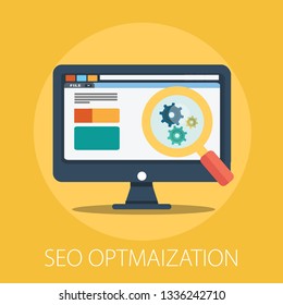 Vector seo and web development with " seo optimization " web data analysis and search - business marketing concept