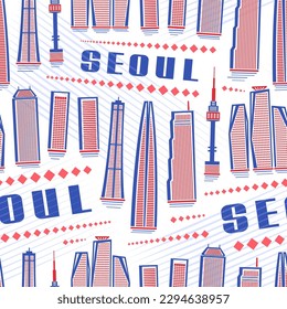 Vector Seoul Seamless Pattern, square repeating background with illustration of famous seoul city scape on white background for wrapping paper, decorative line art urban poster with blue text seoul