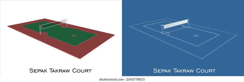 Vector Sepak Takraw isométrica línea de vista de esquina plano ilustración de dibujo técnico aislado sobre fondo transparente 