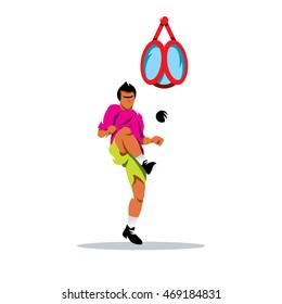 Vector Sepak Takraw Thailand Sport Cartoon Illustration. The athlete kicks the ball in the basket. Unusual Logo template isolated on a white background