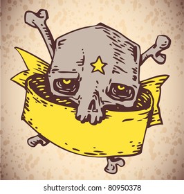 vector sepia engraved skull with star and bones with yellow ribbon