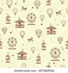 Vector Sepia Fun Fair, Carrousel, Hot air Balloons and Ferris wheels seamless pattern background. Perfect for fabric, scrapbooking, wallpaper projects