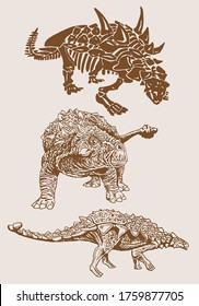 Vector sepia set of  dinosaurs , graphical hand-drawn illustration