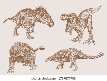 Vector sepia set of  dinosaurs , graphical hand-drawn illustration