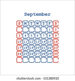 Vector September 2017 month calendar flat . Week Starts on Sunday