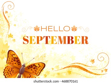 Vector september autumn background with butterfly insect, yellow leaf, abstract wave line, swirl, natural logo, copy space. Seasonal vector illustration in abstract modern style with text lettering.

