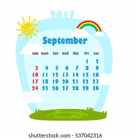 Vector September Calendar Icon with sky, rainbow, clouds and sun background.
