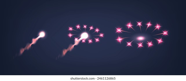 Vector Sequence Of Light Fireworks Effects, Starting With A Trail Of Light That Evolves Into Clusters Of Vibrant Stars