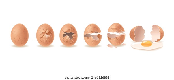 Vektorgrafik, die die Stufen des Brauneicrackens bis zur vollständigen Öffnung zeigt, wobei das Dotter auf einem Teller sichtbar wird