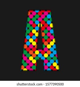 Vector sequins letter - A. Glitter font shape of colored dots, points, circles. Sequin type, alphabet, font. Creative disco club bright sparkle. Multi color glitters, sparkles, paillettes letters.