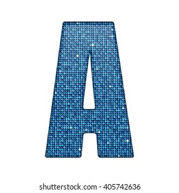 Vector sequins letter - A. Glitter font shape of blue dots, points, circles. Sequin type, alphabet, font. Creative disco club bright sparkle. Blue glitters, sparkles, paillettes letters.