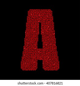 Vector sequins letter - A. Glitter font shape of red dots, points, circles. Sequin type, alphabet, font. Creative disco club bright sparkle. Red glitters, sparkles, paillettes letters.