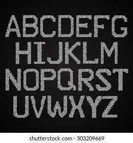 Vector sequins letter alphabet. Glitter font shape of silver dots, points, circles. Sequin type, alphabet, font. Creative disco club bright sparkle. Silver glitters, sparkles, paillettes letters.