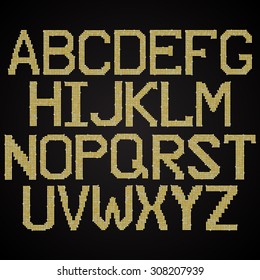 Vector sequins letter alphabet. Glitter font shape of golden dots, points, circles. Sequin type, alphabet, font. Creative disco club bright sparkle. Gold glitters, sparkles, paillettes letters.
