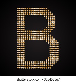 Vector sequins letter - B. Glitter font shape of goldendots, points, circles. Sequin type, alphabet, font. Creative disco club bright sparkle. Gold glitters, sparkles, paillettes letters.