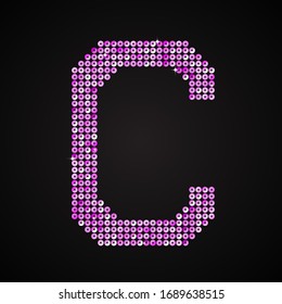 Vector sequins letter - C. Glitter font shape of pink dots, points, circles. Sequin type, alphabet, font. Creative disco club bright sparkle. Purple glitters, sparkles, paillettes letters.