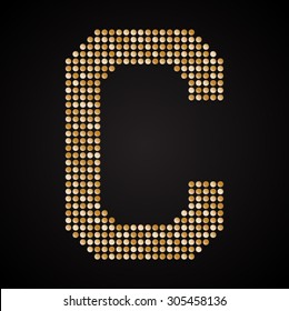 Vector sequins letter - C. Glitter font shape of goldendots, points, circles. Sequin type, alphabet, font. Creative disco club bright sparkle. Gold glitters, sparkles, paillettes letters.