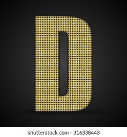 Vector sequins letter - D. Glitter font shape of golden dots, points, circles. Sequin type, alphabet, font. Creative disco club bright sparkle. Gold glitters, sparkles, paillettes letters.