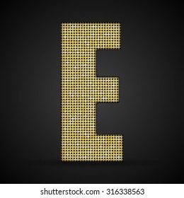 Vector sequins letter - E. Glitter font shape of golden dots, points, circles. Sequin type, alphabet, font. Creative disco club bright sparkle. Gold glitters, sparkles, paillettes letters.