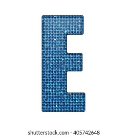 Vector Sequins Letter - E. Glitter Font Shape Of Blue Dots, Points, Circles. Sequin Type, Alphabet, Font. Creative Disco Club Bright Sparkle. Blue Glitters, Sparkles, Paillettes Letters.