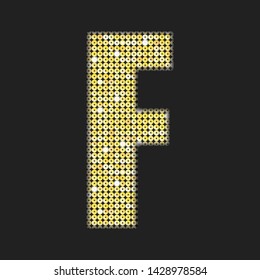 Vector sequins letter - F. Glitter font shape of golden dots, points, circles. Sequin type alphabet, font. Creative disco club bright sparkle. Gold glitters, sparkles, paillettes letters.