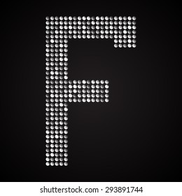 Vector sequins letter - F. Glitter font shape of silver dots, points, circles. Sequin type, alphabet, font. Creative disco club bright sparkle. Silver glitters, sparkles, paillettes letters.