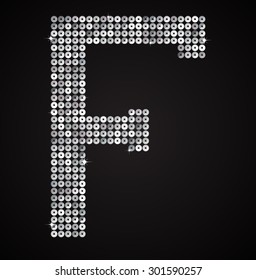 Vector sequins letter - F. Glitter font shape of silver dots, points, circles. Sequin type, alphabet, font. Creative disco club bright sparkle. Silver glitters, sparkles, paillettes letters.