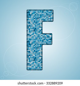 Vector sequins letter - F. Glitter font shape of blue dots, points, circles. Sequin type, alphabet, font. Creative disco club bright sparkle. Blue glitters, sparkles, paillettes letters.