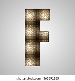 Vector sequins letter - F. Glitter font shape of golden dots, points, circles. Sequin type, alphabet, font. Creative disco club bright sparkle. Gold glitters, sparkles, paillettes letters.