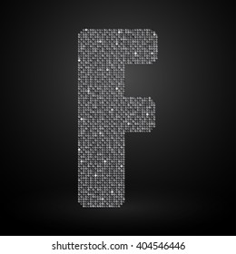 Vector sequins letter - F. Glitter font shape of silver dots, points, circles. Sequin type, alphabet, font. Creative disco club bright sparkle. Silver glitters, sparkles, paillettes letters.