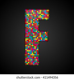 Vector sequins letter - F. Glitter font shape of colored dots, points, circles. Sequin type, alphabet, font. Creative disco club bright sparkle. Multi color glitters, sparkles, paillettes letters.