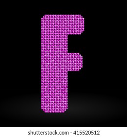 Vector sequins letter - F. Glitter font shape of pink dots, points, circles. Sequin type, alphabet, font. Creative disco club bright sparkle. Pink glitters, sparkles, paillettes letters.