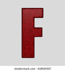 Vector sequins letter - F. Glitter font shape of red dots, points, circles. Sequin type, alphabet, font. Creative disco club bright sparkle. Red glitters, sparkles, paillettes letters.