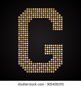 Vector sequins letter - G. Glitter font shape of goldendots, points, circles. Sequin type, alphabet, font. Creative disco club bright sparkle. Gold glitters, sparkles, paillettes letters.