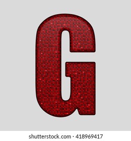 Vector sequins letter - G. Glitter font shape of red dots, points, circles. Sequin type, alphabet, font. Creative disco club bright sparkle. Red glitters, sparkles, paillettes letters.