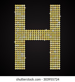 Vector sequins letter - H. Glitter font shape of golden dots, points, circles. Sequin type, alphabet, font. Creative disco club bright sparkle. Gold glitters, sparkles, paillettes letters.