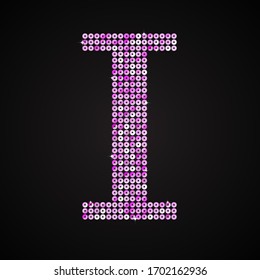 Vektorillustration sequenziert Buchstaben - I. Glitter Schriftform von rosafarbenen Punkten, Punkten, Kreisen. Typ, Alphabet, Schriftart. Kreative Disco Club hellen Funken. Purpurglitter, Funkeln, Pailletten-Buchstaben.