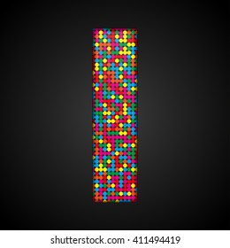 Vector sequins letter - I. Glitter font shape of colored dots, points, circles. Sequin type, alphabet, font. Creative disco club bright sparkle. Multi color glitters, sparkles, paillettes letters.