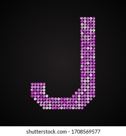 Vector sequins letter - J. Glitter font shape of pink dots, points, circles. Sequin type, alphabet, font. Creative disco club bright sparkle. Purple glitters, sparkles, paillettes letters.