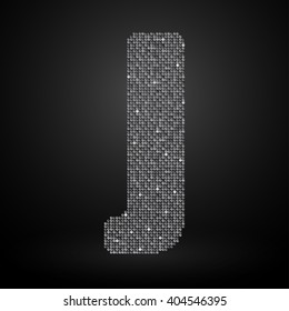 Vector sequins letter - J. Glitter font shape of silver dots, points, circles. Sequin type, alphabet, font. Creative disco club bright sparkle. Silver glitters, sparkles, paillettes letters.