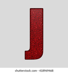 Vector sequins letter - J. Glitter font shape of red dots, points, circles. Sequin type, alphabet, font. Creative disco club bright sparkle. Red glitters, sparkles, paillettes letters.