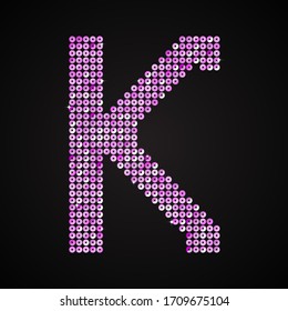 Vector sequins letter - K. Glitter font shape of pink dots, points, circles. Sequin type, alphabet, font. Creative disco club bright sparkle. Purple glitters, sparkles, paillettes letters.