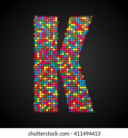 Vector sequins letter - K. Glitter font shape of colored dots, points, circles. Sequin type, alphabet, font. Creative disco club bright sparkle. Multi color glitters, sparkles, paillettes letters.