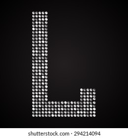 Vector sequins letter - L. Glitter font shape of silver dots, points, circles. Sequin type, alphabet, font. Creative disco club bright sparkle. Silver glitters, sparkles, paillettes letters.